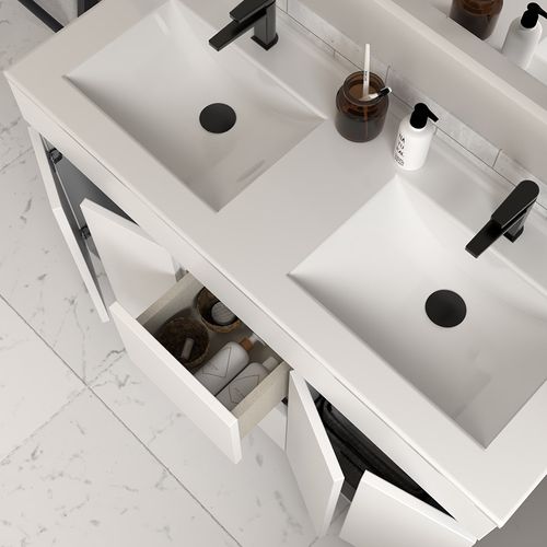 Meuble De Salle De Bain 120cm Double Vasque Sur Pieds Avec Portes Et Tiroirs - Blanc - Haro