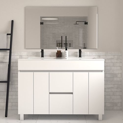 Meuble De Salle De Bain 120cm Double Vasque Sur Pieds Avec Portes Et Tiroirs - Blanc - Haro