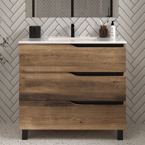 Meuble De Salle De Bain 80cm Simple Vasque - Sans Miroir - 3 Tiroirs - Tabaco (bois Foncé) - Mata