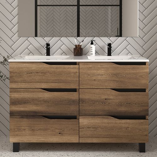 Meuble De Salle De Bain 120cm Double Vasque - 6 Tiroirs - Tabaco (bois Foncé) - Mata