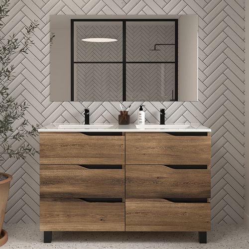 Meuble De Salle De Bain 120cm Double Vasque - 6 Tiroirs - Tabaco (bois Foncé) - Mata