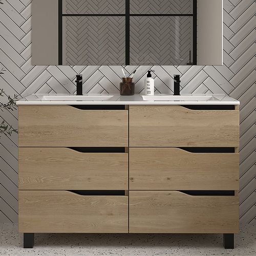 Meuble De Salle De Bain 120cm Double Vasque - 6 Tiroirs - Madera Miel - Mata