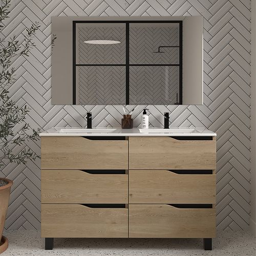 Meuble De Salle De Bain 120cm Double Vasque - 6 Tiroirs - Madera Miel - Mata