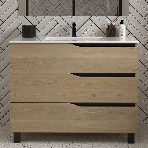 Meuble De Salle De Bain 100cm Simple Vasque - 3 Tiroirs - Madera Miel - Mata