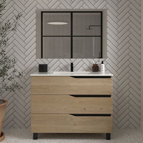 Meuble De Salle De Bain 100cm Simple Vasque - 3 Tiroirs - Madera Miel - Mata