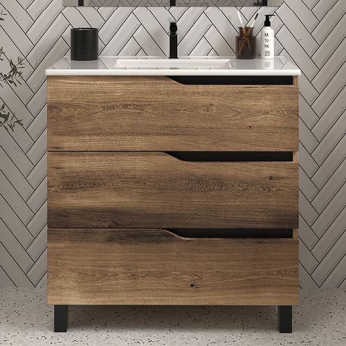 Meuble De Salle De Bain 60cm Simple Vasque - 3 Tiroirs - Tabaco (bois Foncé) - Mata