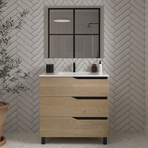 Meuble De Salle De Bain 60cm Simple Vasque - 3 Tiroirs - Madera Miel - Mata