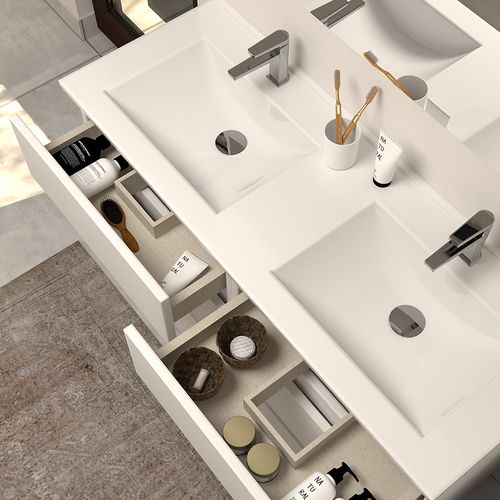 Meuble De Salle De Bain 120cm Double Vasque - Sans Miroir - 6 Tiroirs - Blanc - Mayor