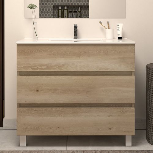 Meuble De Salle De Bain 80cm Simple Vasque - Sans Miroir - 3 Tiroirs - Nebraska (bois Clair) - Mayor