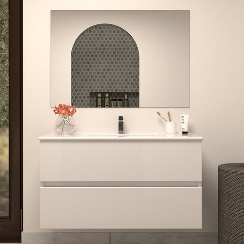 Meuble De Salle De Bain 100cm Simple Vasque - 2 Tiroirs - Blanc - Ida