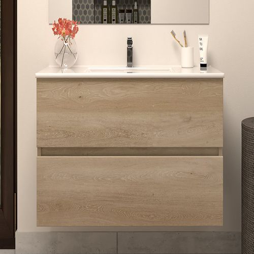 Meuble De Salle De Bain 60cm Simple Vasque - Sans Miroir - 2 Tiroirs - Nebraska (bois Clair) - Ida