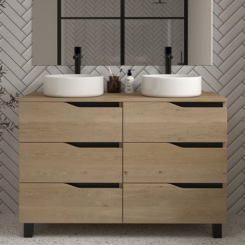 Meuble De Salle De Bain 120 - 2 Cuves - Sans Miroir - 6 Tiroirs - Bois Clair - Mata
