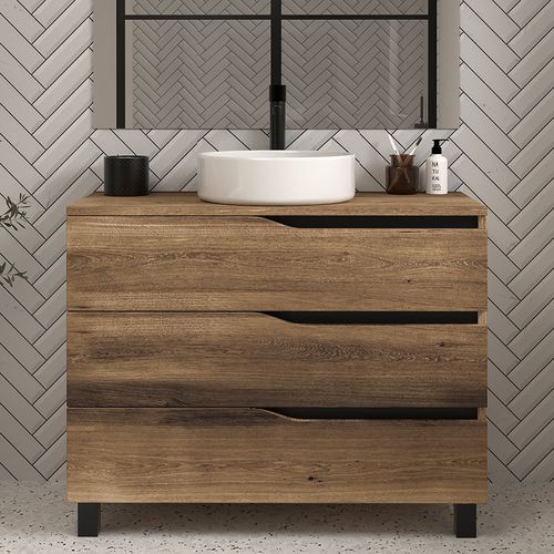 Meuble De Salle De Bain 100 Avec Plateau Et Cuve - Sans Miroir - Bois Foncé - Mata