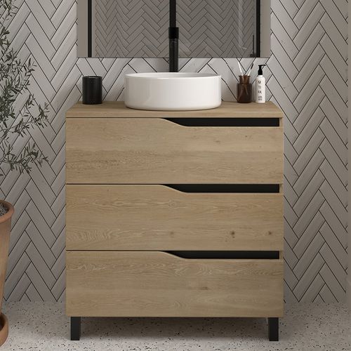 Meuble De Salle De Bain 60 Avec Cuve - Sans Miroir - 3 Tiroirs - Bois Clair - Mata