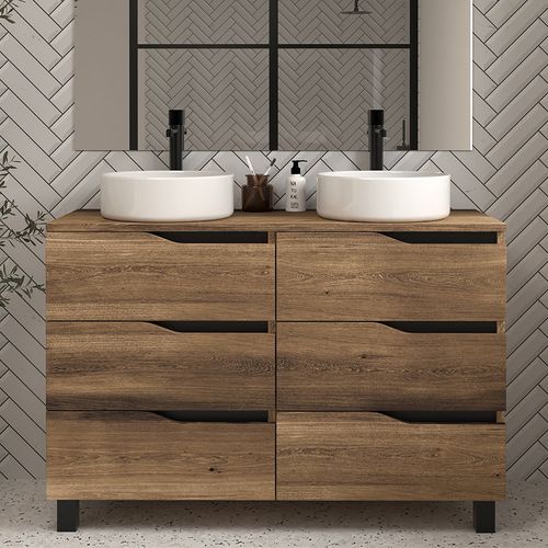 Meuble De Salle De Bain 120 Avec Plateau Et 2 Vasques à Poser - Tabaco (bois Foncé) - Mata