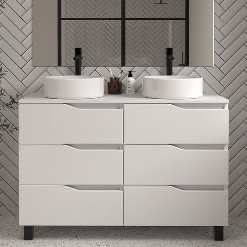 Meuble De Salle De Bain 120 Avec Plateau Et 2 Vasques à Poser - 6 Tiroirs - Blanc - Mata