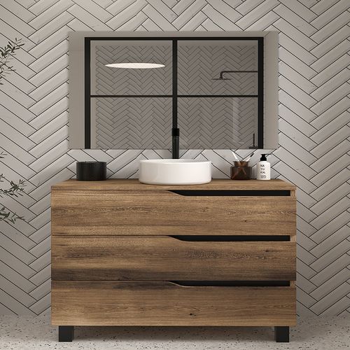 Meuble De Salle De Bain 120 Avec Plateau Et Vasque à Poser - 3 Tiroirs - Tabaco (bois Foncé) - Mata