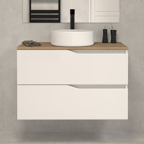 Meuble De Salle De Bain 60 Avec Plateau Miel Et Vasque à Poser - 2 Tiroirs - Blanc - Luna