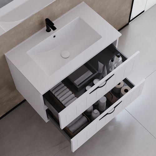 Meuble De Salle De Bain 100cm Simple Vasque - 2 Tiroirs - Blanc - Pia