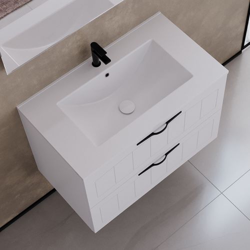 Meuble De Salle De Bain 100cm Simple Vasque - 2 Tiroirs - Blanc - Pia