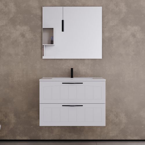 Meuble De Salle De Bain 100cm Simple Vasque - 2 Tiroirs - Blanc - Pia