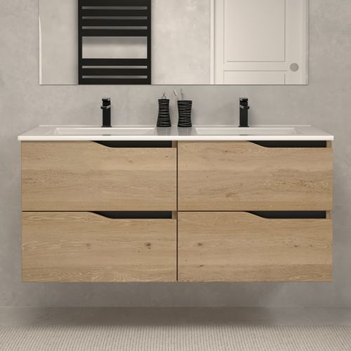 Meuble De Salle De Bain 140cm Double Vasque - 4 Tiroirs - Blanc - Luna