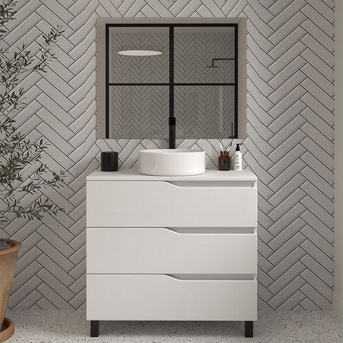 Meuble De Salle De Bain 70cm Avec Plateau Et Cuve - 3 Tiroirs - Sans Miroir - Blanc - Mata