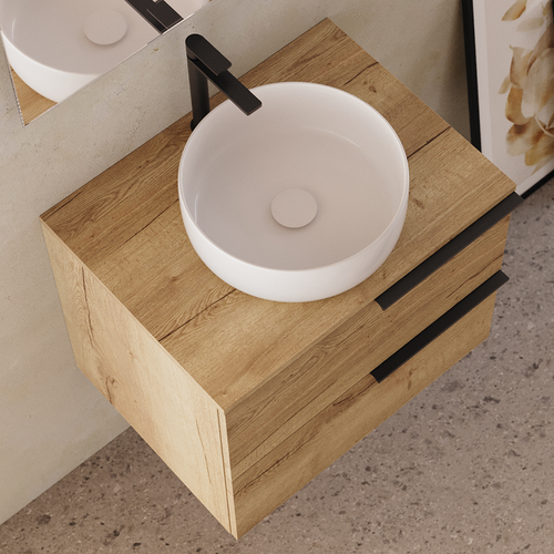 Meuble De Salle De Bain 60cm Avec Vasque à Poser Ronde - 2 Tiroirs - Roble (chêne Clair) - King