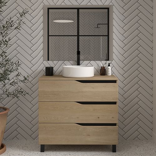 Meuble De Salle De Bain 70cm Avec Plateau Et Vasque à Poser - 3 Tiroirs - Madera Miel