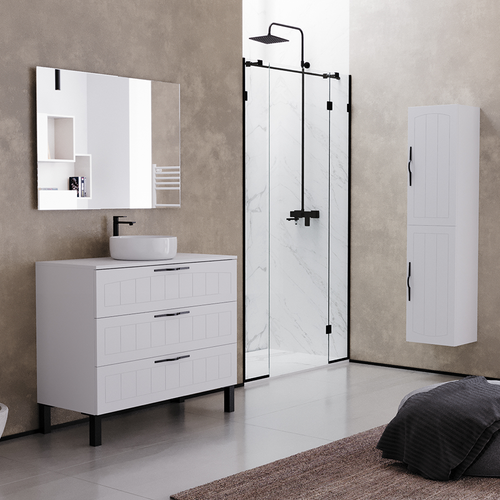 Meuble De Salle De Bain 90cm Avec Plateau Et Cuve Ronde - 3 Tiroirs - Sans Miroir - Blanc - Cala