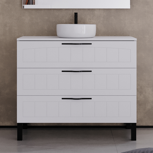 Meuble De Salle De Bain 90cm Avec Plateau Et Cuve Ronde - 3 Tiroirs - Sans Miroir - Blanc - Cala