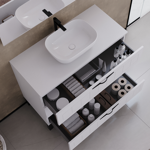 Meuble De Salle De Bain 100cm Avec Plateau Et Vasque à Poser Ovale - 3 Tiroirs - Blanc - Cala