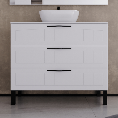 Meuble De Salle De Bain 90cm Avec Plateau Et Vasque à Poser Ovale - 3 Tiroirs - Blanc - Cala