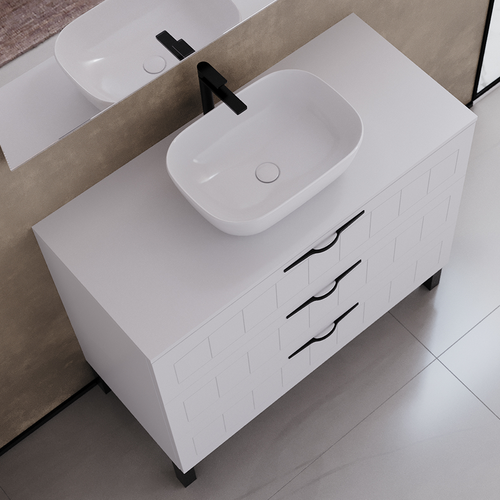 Meuble De Salle De Bain 90cm Avec Plateau Et Vasque à Poser Ovale - 3 Tiroirs - Blanc - Cala