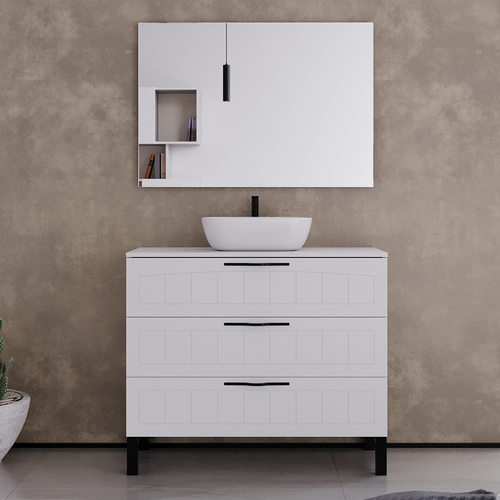 Meuble De Salle De Bain 90cm Avec Plateau Et Vasque à Poser Ovale - 3 Tiroirs - Blanc - Cala