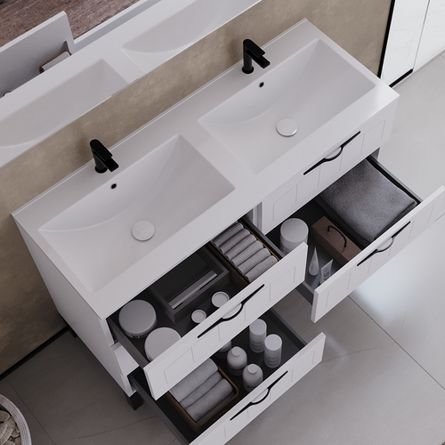 Meuble De Salle De Bain 140cm Double Vasque - 6 Tiroirs - Sans Miroir - Blanc - Cala