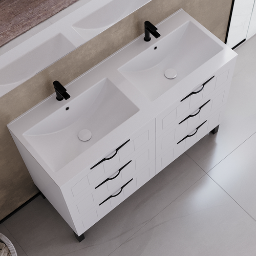Meuble De Salle De Bain 140cm Double Vasque - 6 Tiroirs - Blanc - Cala