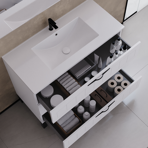 Meuble De Salle De Bain 100cm Simple Vasque - 3 Tiroirs - Blanc - Cala