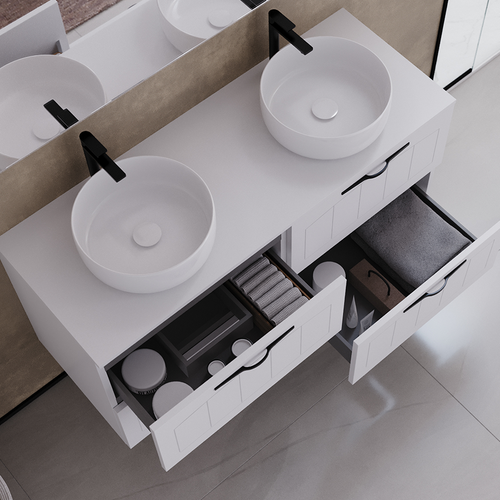 Meuble De Salle De Bain 120cm Avec Plateau Et  Vasque Ronde - 2 Tiroirs - Sans Miroir - Pia