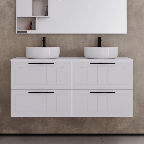 Meuble De Salle De Bain 120cm Avec Plateau Et  Vasque Ronde - 2 Tiroirs - Sans Miroir - Pia