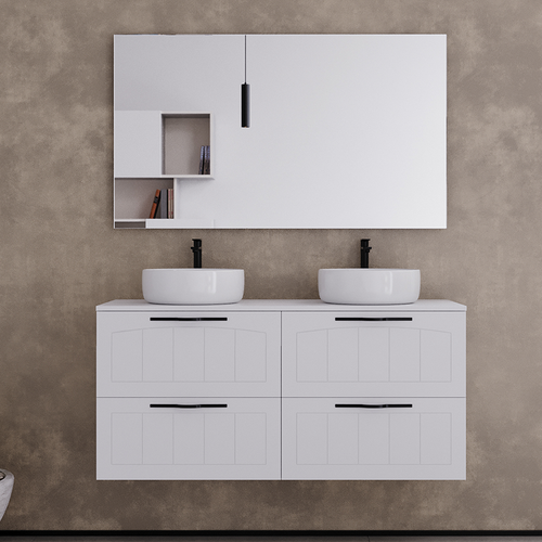 Meuble De Salle De Bain 120cm Avec Plateau Et  Vasque Ronde - 2 Tiroirs - Sans Miroir - Pia