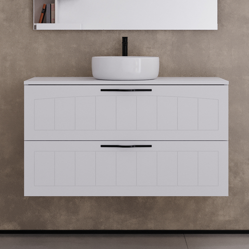 Meuble De Salle De Bain 100cm Avec Plateau Et Vasque à Poser Ronde - 2 Tiroirs - Blanc - Pia