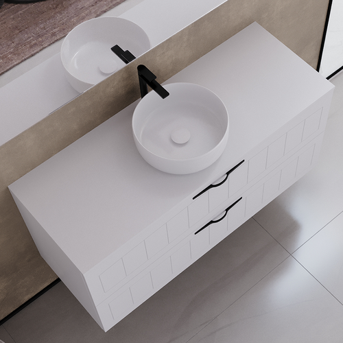 Meuble De Salle De Bain 120cm Avec Plateau Et Une Cuve Ronde - 2 Tiroirs - Blanc - Pia