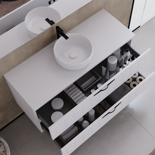 Meuble De Salle De Bain 120cm Avec Plateau Et Une Cuve Ronde - 2 Tiroirs - Blanc - Pia