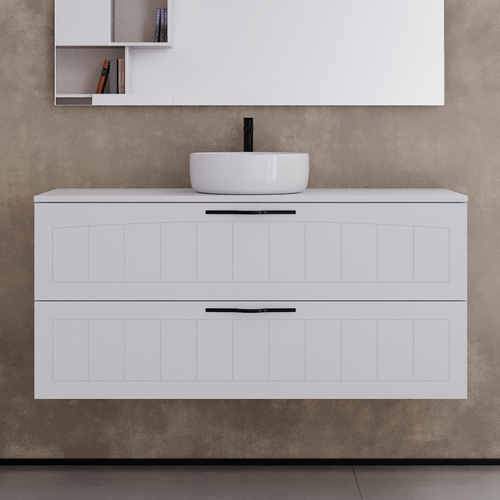 Meuble De Salle De Bain 120cm Avec Plateau Et Une Cuve Ronde - 2 Tiroirs - Blanc - Pia