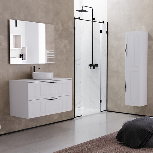 Meuble De Salle De Bain 90cm Avec Plateau Et Vasque Ronde - 2 Tiroirs - Blanc - Pia