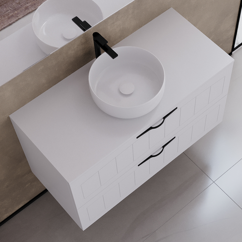 Meuble De Salle De Bain 90cm Avec Plateau Et Vasque Ronde - 2 Tiroirs - Blanc - Pia