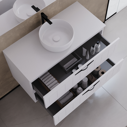 Meuble De Salle De Bain 90cm Avec Plateau Et Cuve Ronde - 2 Tiroirs - Sans Miroir - Blanc - Pia