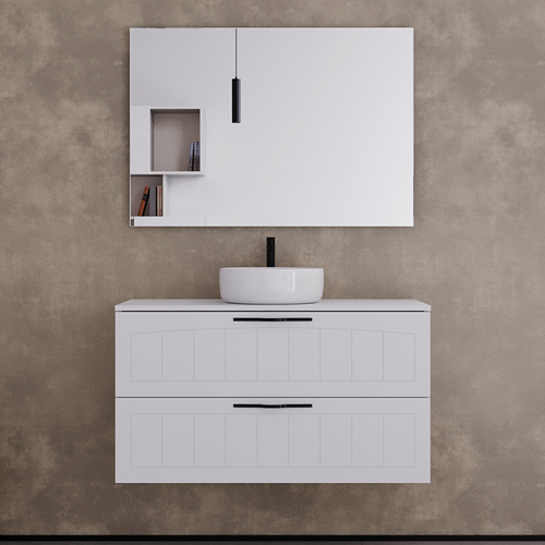 Meuble De Salle De Bain 90cm Avec Plateau Et Cuve Ronde - 2 Tiroirs - Sans Miroir - Blanc - Pia