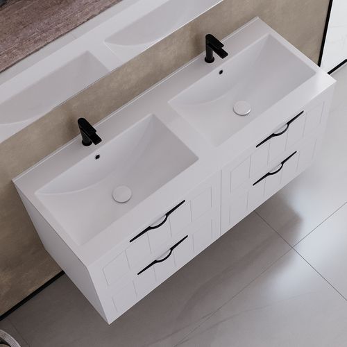 Meuble De Salle De Bain 140cm Double Vasque - 4 Tiroirs - Blanc - Pia